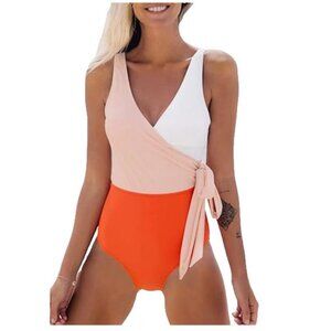 NEW Cupshe One Piece Swimsuit Wrap Orange Color Block Side Tie Women's M